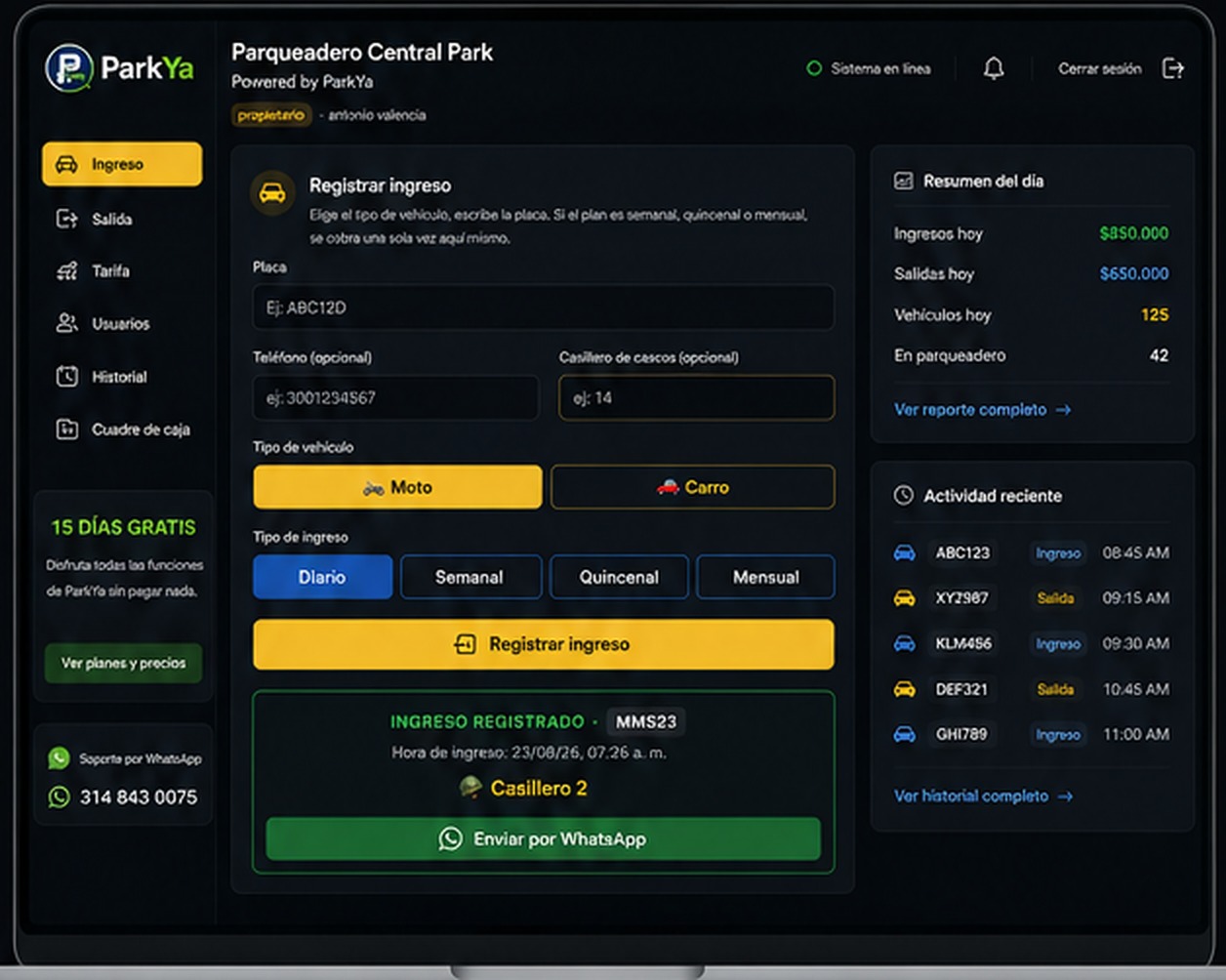 Panel de ParkYa configurado para Parqueadero Central Park